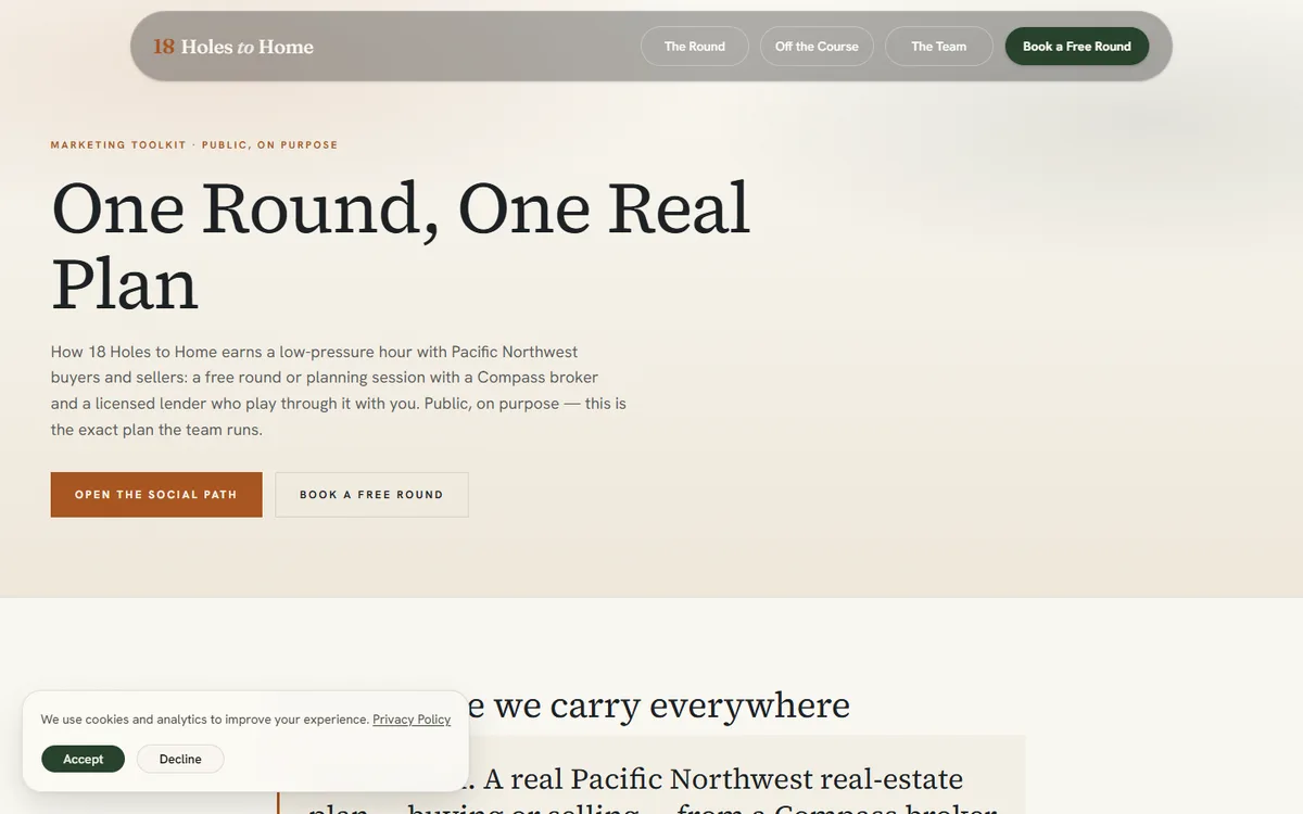 18 Holes to Home real-estate marketing toolkit in cream, rust, and green.