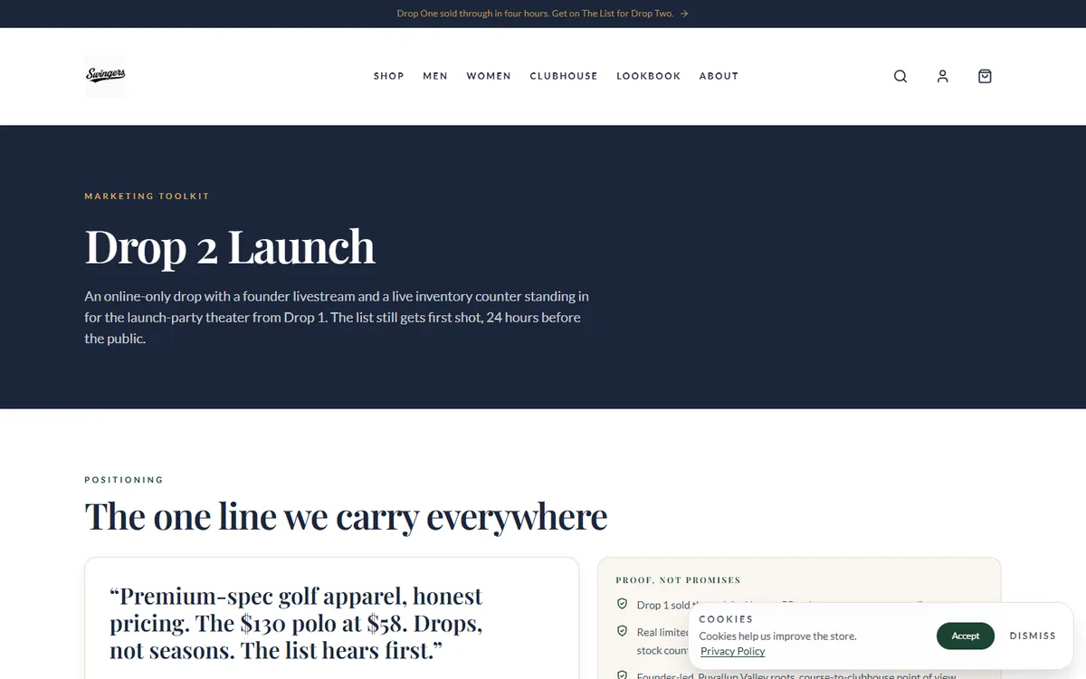 Swingers Club Drop 2 marketing toolkit in navy, white, and gold.