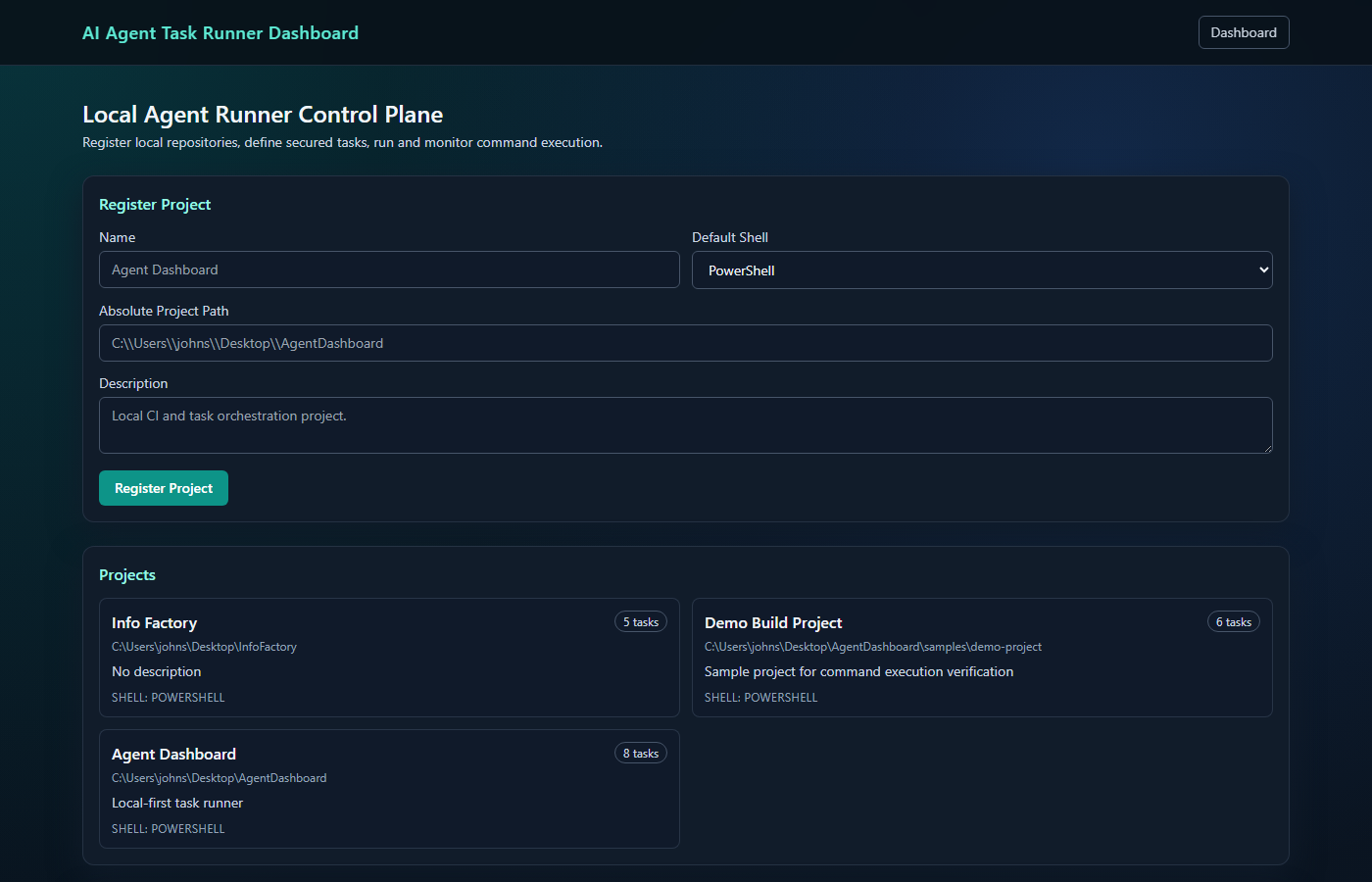 AgentDashboard — task runner and monitoring