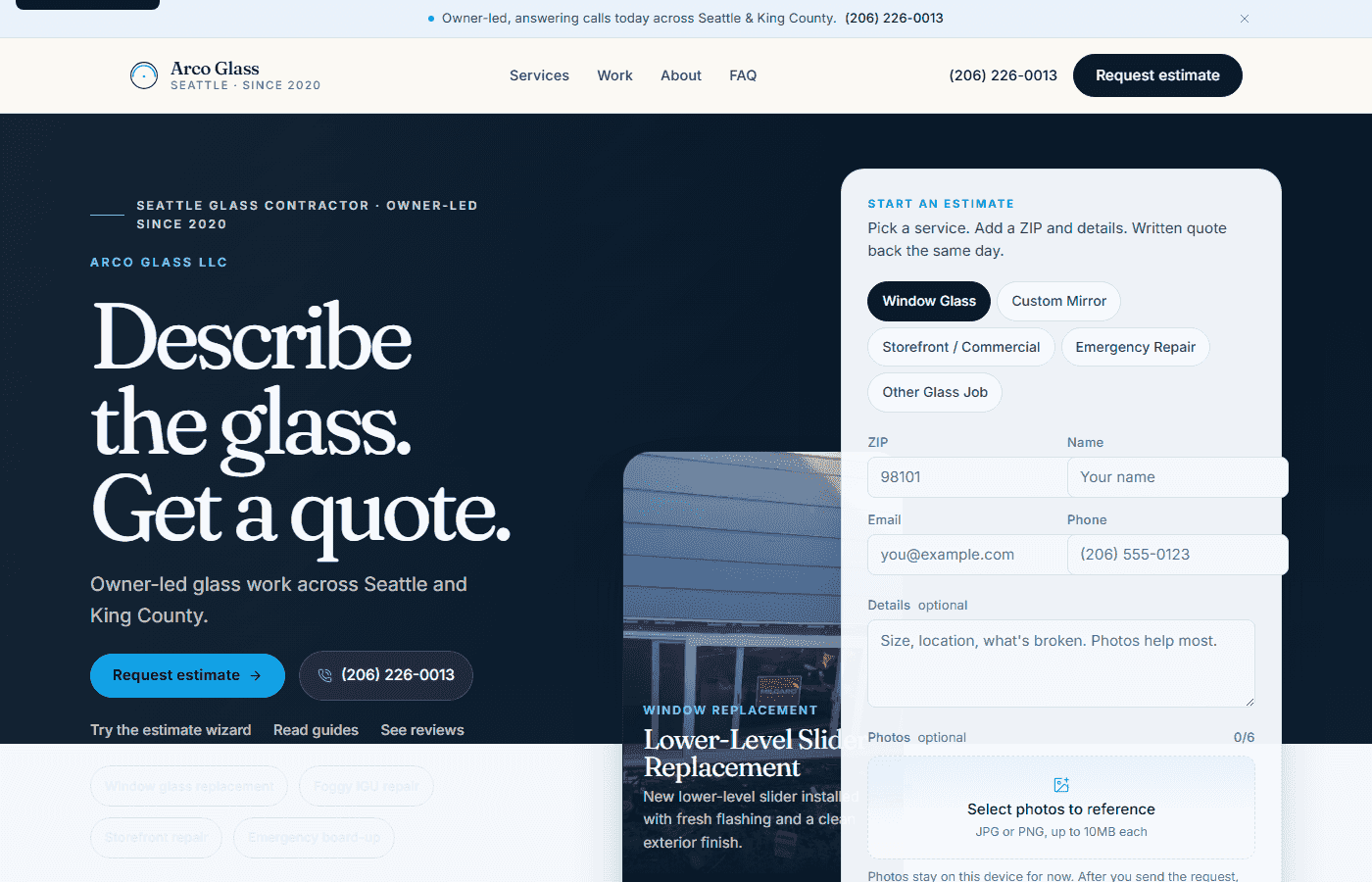 Arco Glass — Seattle window glass quote-by-photo lead funnel